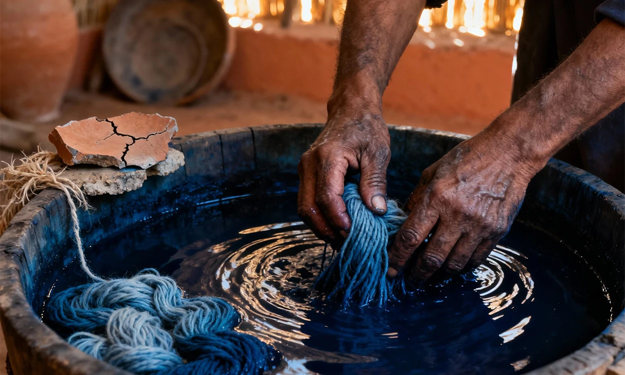 Traditional indigo fabric dyeing in Morocco